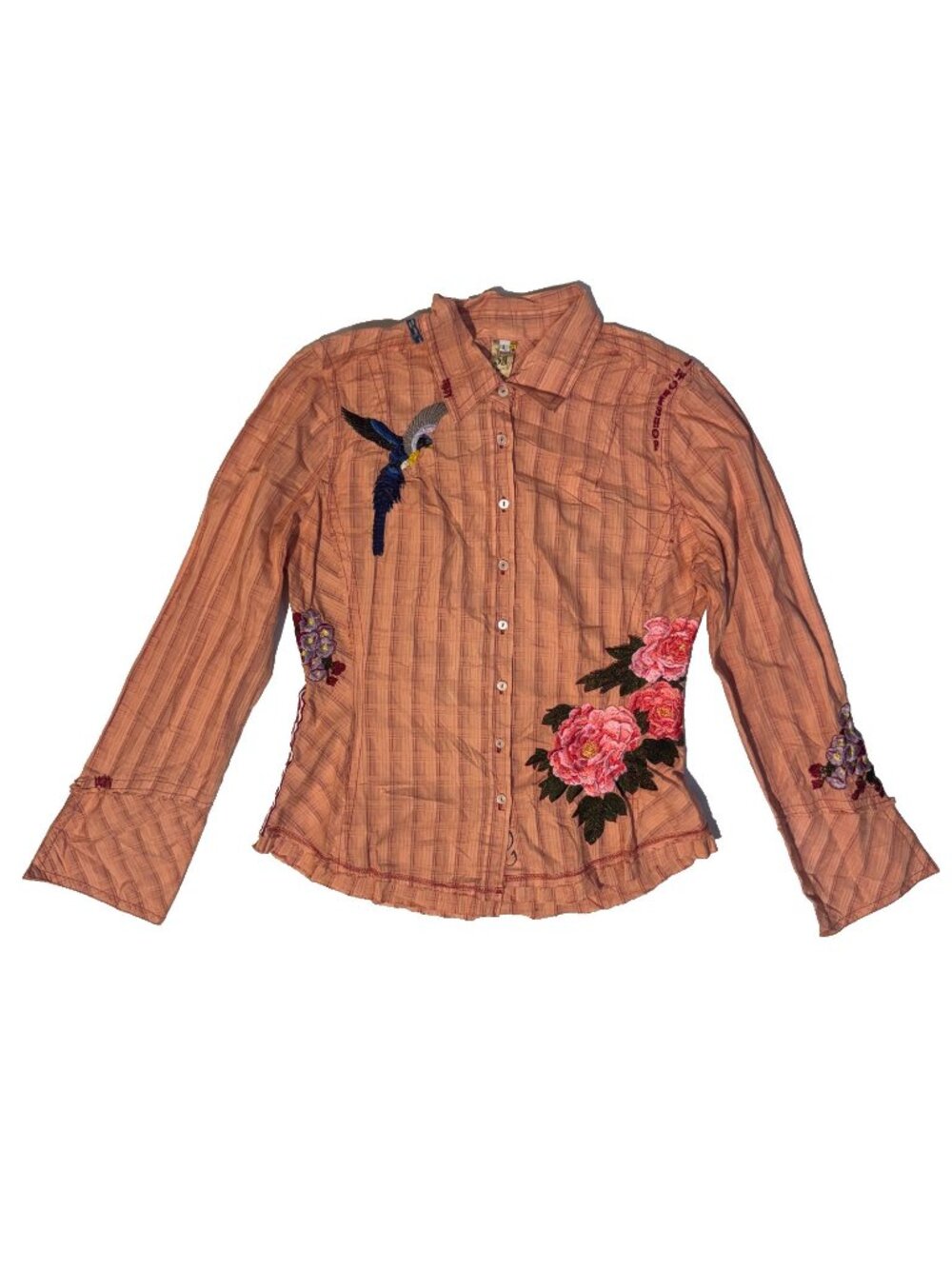 Johnny Was 3J Workshop Embroidered Floral Chandelier Bird Button Up Shirt Large